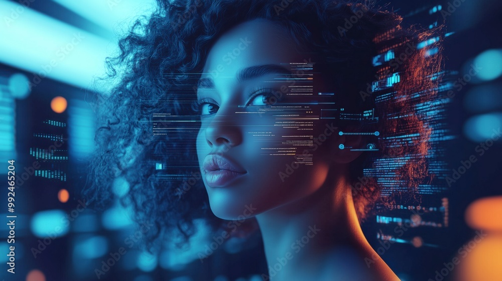 HCI and Virtual Digital Human: Black African American Woman Analyzing Data in Information Technology with Augmented Reality and AI Collage, Side Profile, Copy Space, AI, Cybersecurity, Background HCI and Virtual Digital Human: Black African American Woman Analyzing Data in Information Technology with Augmented Reality and AI Collage, Side Profile, Copy Space, AI, Cybersecurity, Background