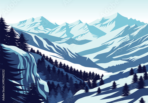 mountain landscape background with trees and snow on top, vector file