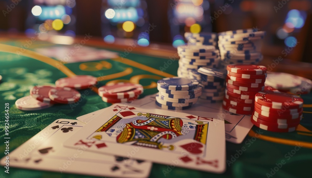 Close-up of a poker table with cards, chips, and dice. A night of gambling and excitement. Close-up of a poker table with cards, chips, and dice. A night of gambling and excitement.