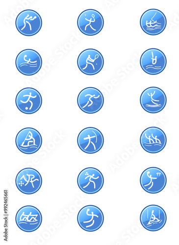 Pack of high-quality blue sports icons, vector graphics for digital and print use, perfect for web design, mobile apps, and marketing materials