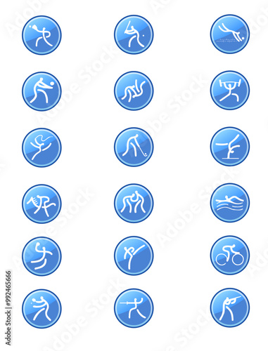 Pack of high-quality blue sports icons, vector graphics for digital and print use, perfect for web design, mobile apps, and marketing materials