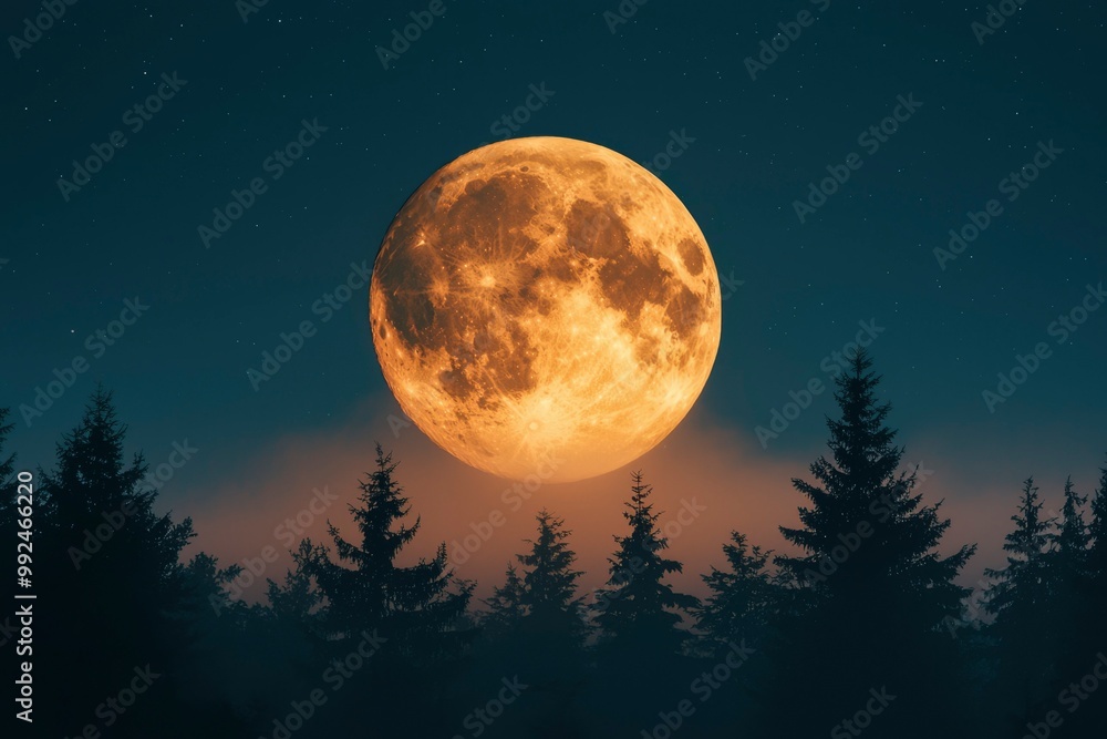 Fototapeta premium A Large Full Moon Rises Above a Silhouette of Trees in a Foggy Forest