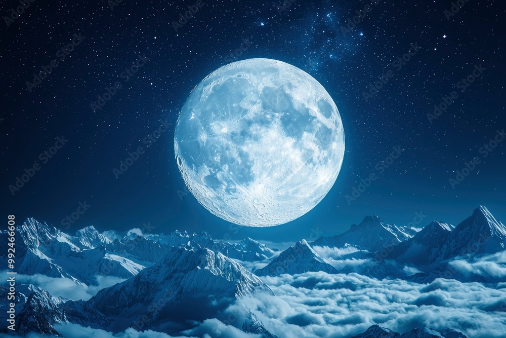 Full Moon Illuminates Snowy Mountain Peaks and Clouds Full Moon Illuminates Snowy Mountain Peaks and Clouds