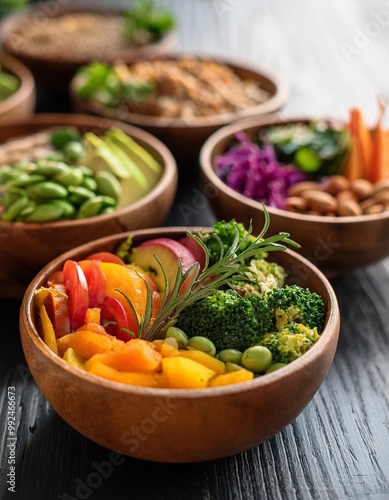 Artfully arranged vegan bowls with depth of field highlighting fresh ingredients and nutritious choices