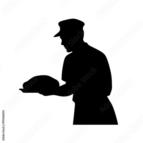 Silhouette of a Baker Man Holding Bread Isolated on White Background – Vector Illustration