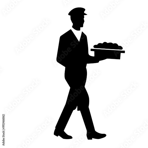 Silhouette of a Baker Man Holding Bread Isolated on White Background – Vector Illustration