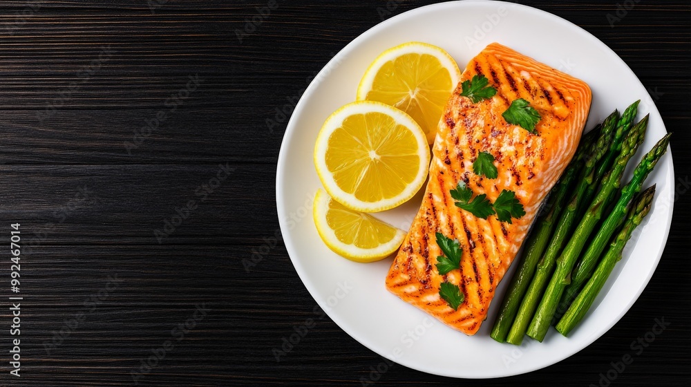 Baked Salmon with Asparagus and Lemon: A healthy and delicious meal. A perfectly baked salmon fillet served with tender asparagus and lemon slices on a white plate, against a dark wooden background. Baked Salmon with Asparagus and Lemon: A healthy and delicious meal. A perfectly baked salmon fillet served with tender asparagus and lemon slices on a white plate, against a dark wooden background.