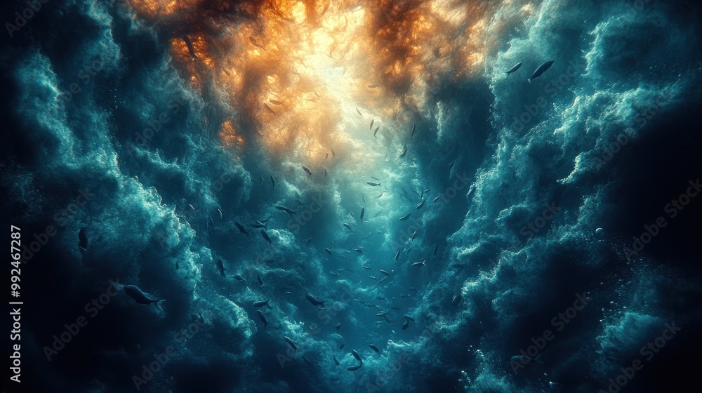 Underwater scene with swirling clouds and swimming fish. Underwater scene with swirling clouds and swimming fish.