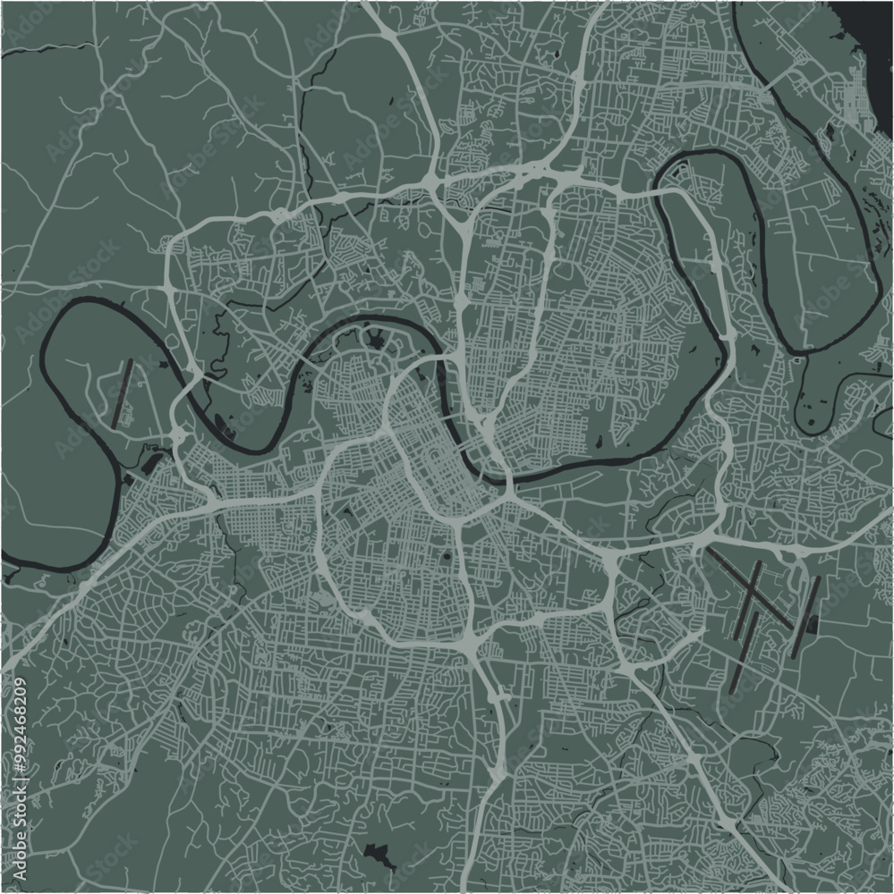 Map of Nashville in Tennessee in a smooth dark style. Contains layered vector with roads water, parks, etc. Map of Nashville in Tennessee in a smooth dark style. Contains layered vector with roads water, parks, etc.