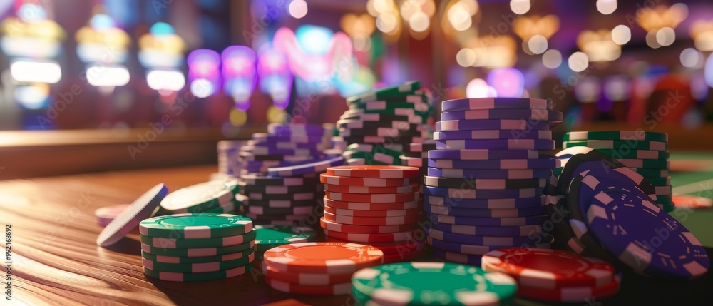Closeup of colorful casino chips on a wooden table. Closeup of colorful casino chips on a wooden table.