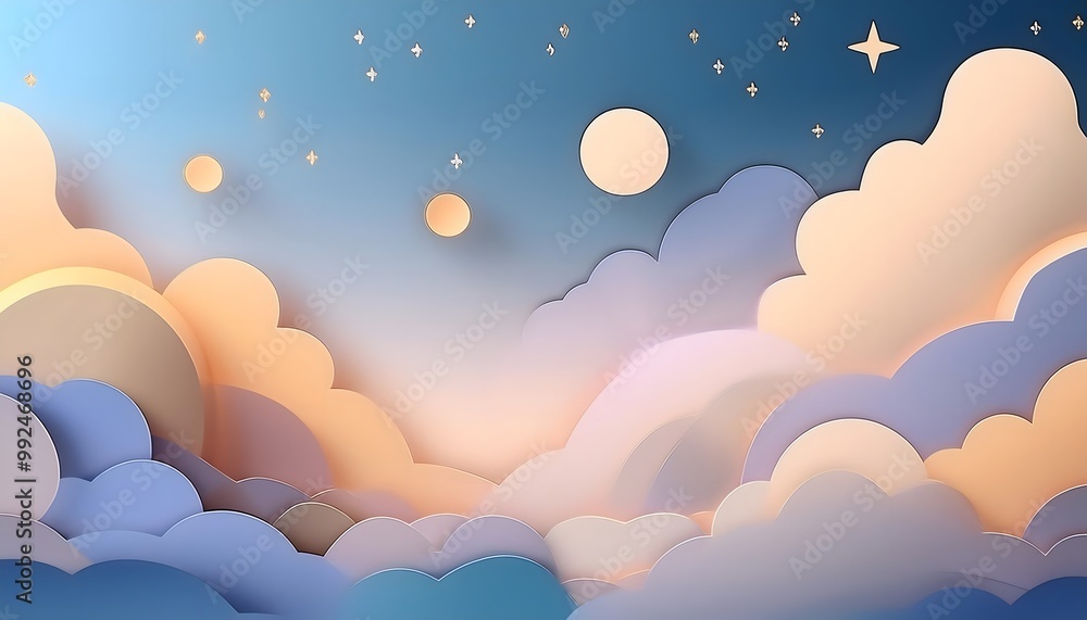 The sky background is filled with pastel fluffy clouds in a paper layer format. The sky background is filled with pastel fluffy clouds in a paper layer format.