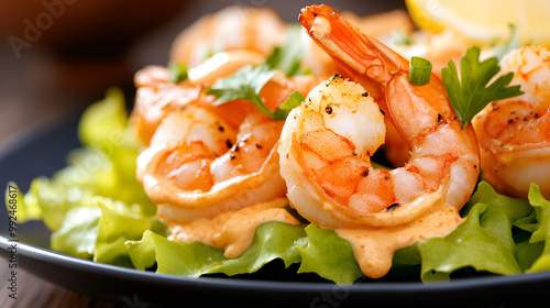 Delicious Bang Bang Shrimp Appetizer with Spicy Creamy Sauce Served on Lettuce Bed with Lemon Wedge Accent