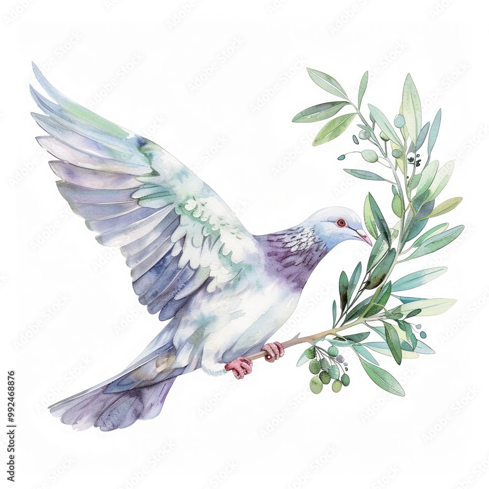 Obraz premium Watercolor illustration of a detailed dove carrying an olive branch clipart
