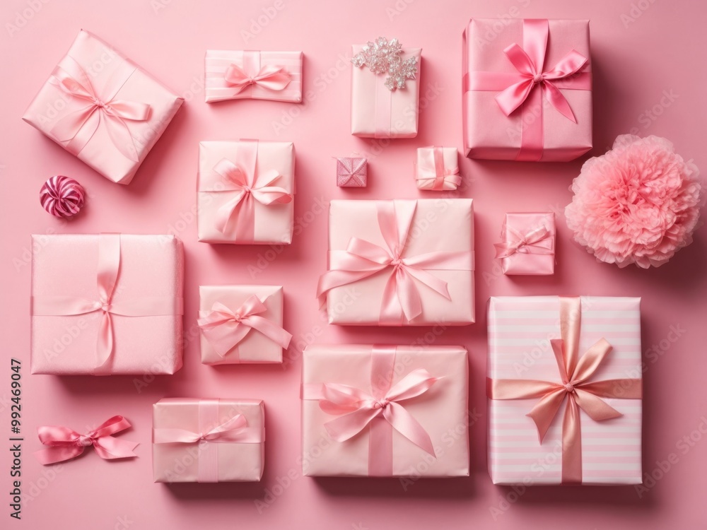 top view of pastel pink Gifts and present top view of pastel pink Gifts and present