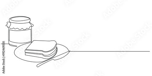 continuous line of white bread with jam.one line drawing of bread with fruit jam.single line vector illustration.isolated white background