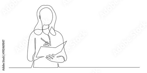 continuous line of female secretary preparing to write.one line drawing of female writer,standing and writing on paper,student,treasurer,journalist.single line vector illustration.