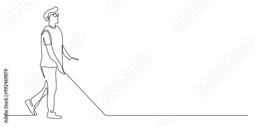 continuous line of blind man walking with stick.one line drawing of blind man walking.single line vector illustration.isolated white background