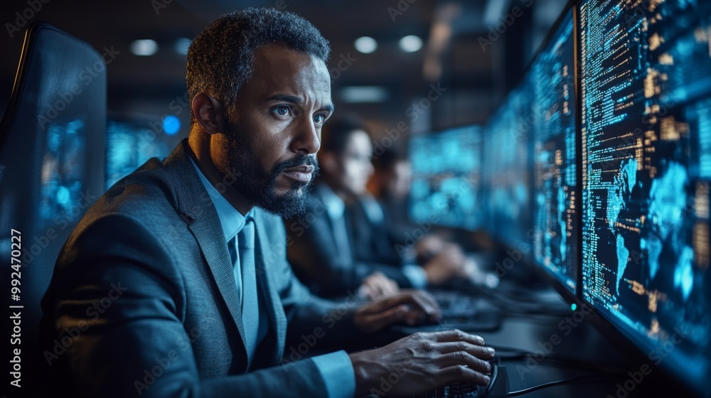 Fototapeta premium Focused Hacker Analyzing Data on Multiple Monitors