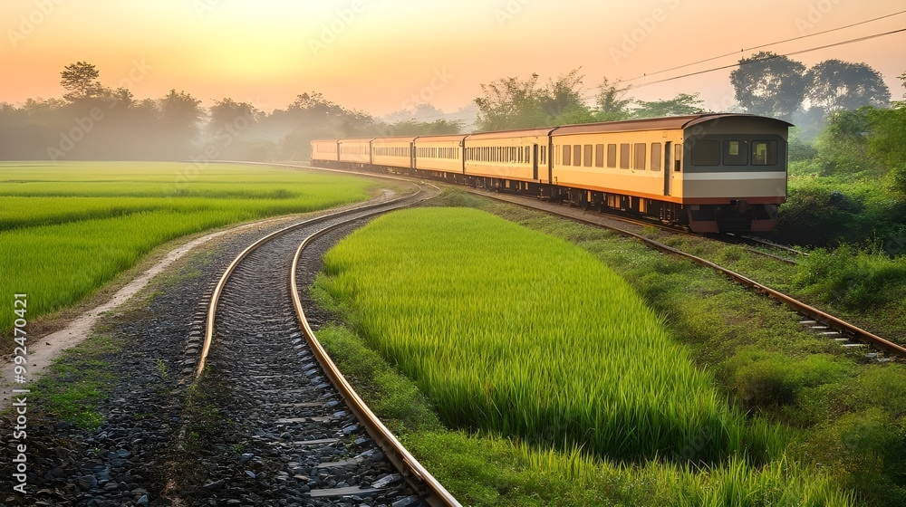 A Train Traveling Along Tracks Through Lush Greenery A Train Traveling Along Tracks Through Lush Greenery