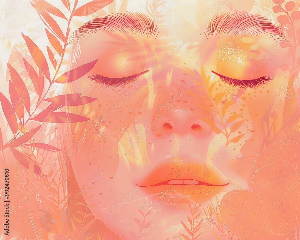 Close-up portrait of a woman's face with eyes closed, overlaid with abstract floral patterns in warm tones. Close-up portrait of a woman's face with eyes closed, overlaid with abstract floral patterns in warm tones.