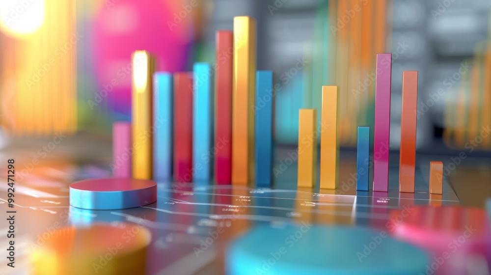 Colorful bar graph and pie charts on a desk, representing data and financial analysis. Colorful bar graph and pie charts on a desk, representing data and financial analysis.