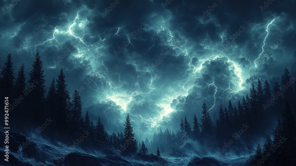 Obraz premium Dramatic stormy sky over a dark forest landscape.