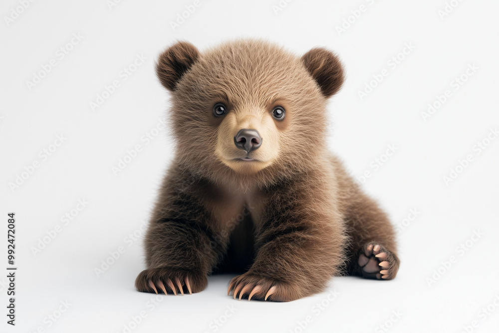 Fototapeta premium Baby Bear Sitting A cute brown bear cub sitting on a white background.