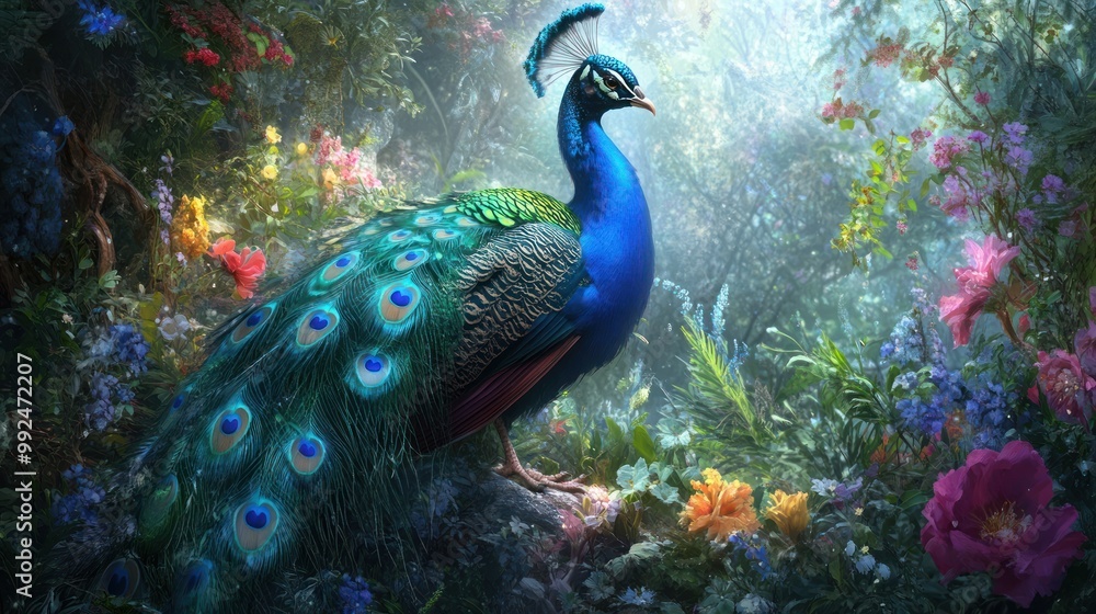 Fototapeta premium Peacock in a Dreamlike Garden