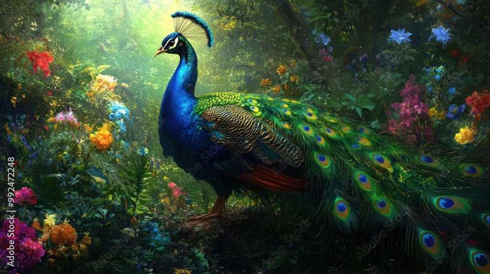 Fototapeta premium Peacock in a Lush Garden