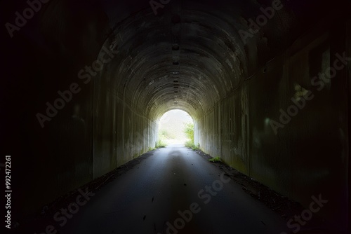 古い煉瓦造りのトンネル。暗い道の先に出口｜An old brick tunnel. Exit at the end of a dark road.