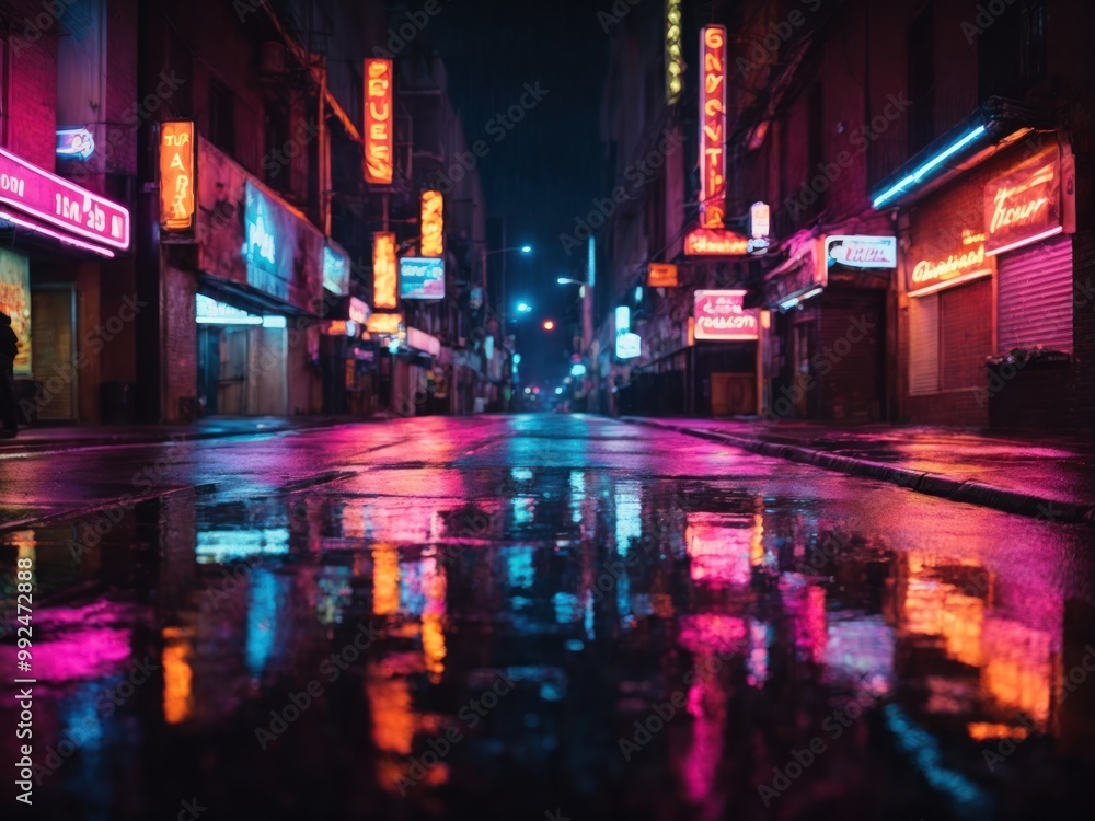 Multicolored neon lights on a dark city street reflection of neon light on wet road Multicolored neon lights on a dark city street reflection of neon light on wet road
