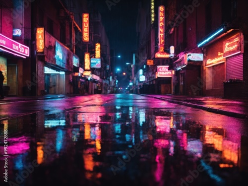 Multicolored neon lights on a dark city street reflection of neon light on wet road