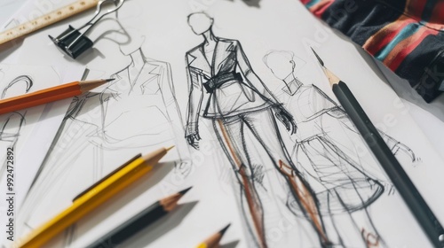 Fashion design sketches and pencils on a table, close-up.