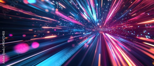 Dynamic abstract background featuring vibrant lights and colors, representing speed and motion in a digital universe.