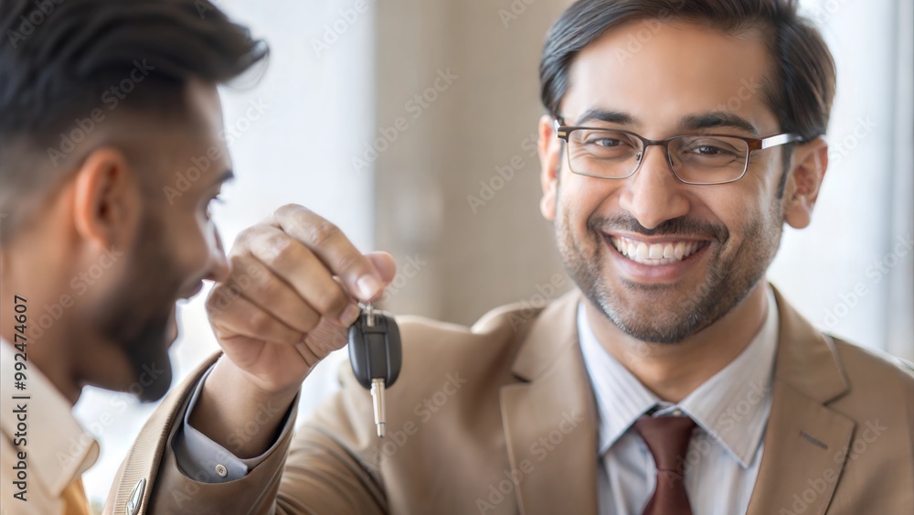 An Indian buyer excitedly receiving the keys to their new vehicle from the salesman.
An Indian buyer excitedly receiving the keys to their new vehicle from the salesman.