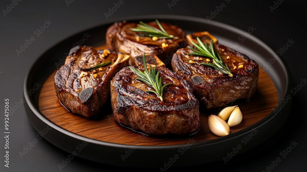 Gourmet Lamb Chops: A tantalizing close-up of four perfectly cooked lamb chops, seasoned with rosemary and garlic, resting on a wooden plate. The succulent meat, rich brown crust. Gourmet Lamb Chops: A tantalizing close-up of four perfectly cooked lamb chops, seasoned with rosemary and garlic, resting on a wooden plate. The succulent meat, rich brown crust.