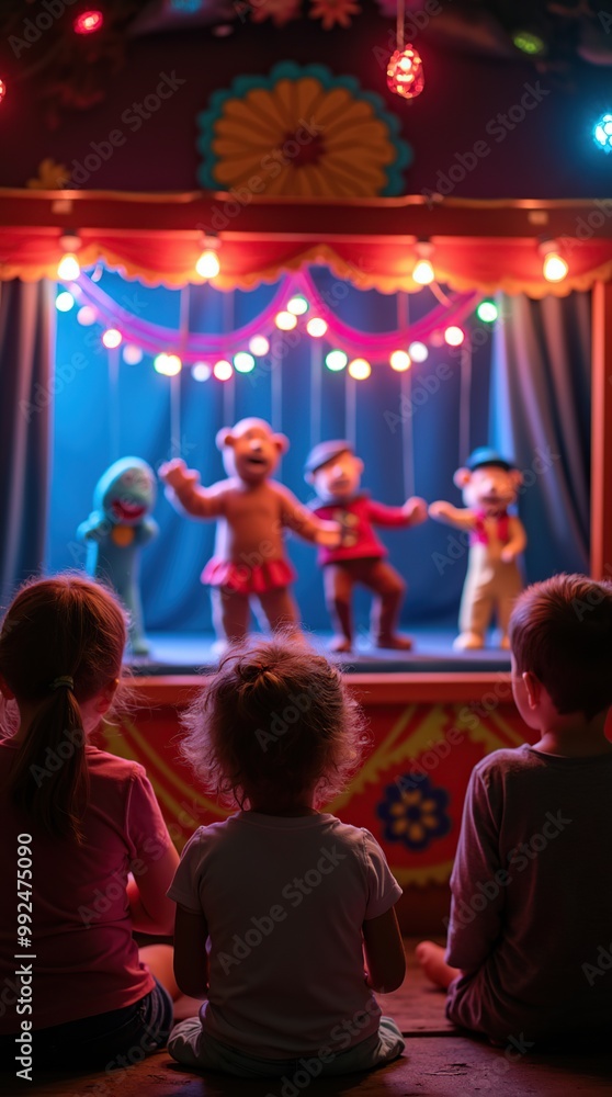 Fototapeta premium Children watching a vibrant puppet show under colorful lights