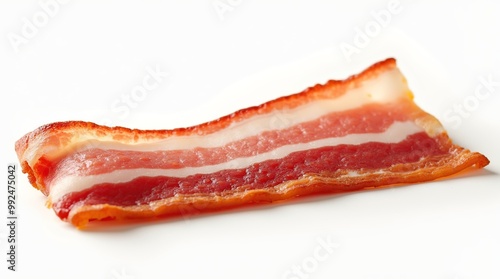 Fresh slice of bacon with rich meat and fat layers on white photo