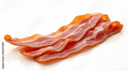 Fresh slice of bacon showcasing meat and fat layers on white background