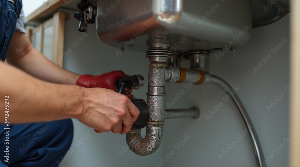 Professional plumber fixing kitchen sink pipes with tools in hand Professional plumber fixing kitchen sink pipes with tools in hand