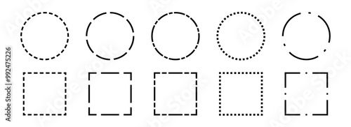 Black dashed frame collection. Dashed outline circle and square border set. Geometric dotted rectangular and round shape pack. Outline cut out element design bundle for poster, banner, flyer. Vector
