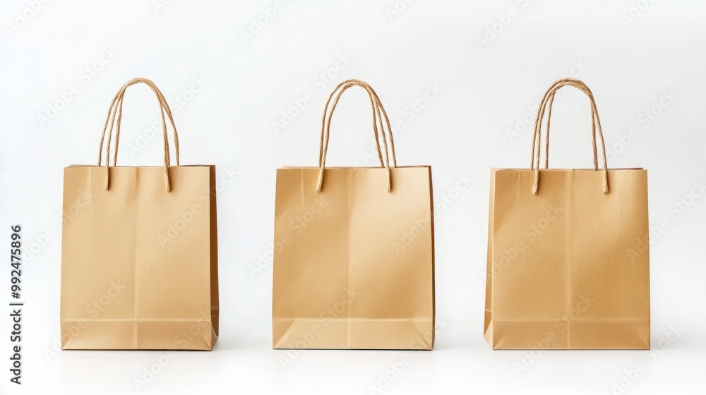 A clean, symmetrical set of three paper shopping bags with handles, isolated on white A clean, symmetrical set of three paper shopping bags with handles, isolated on white