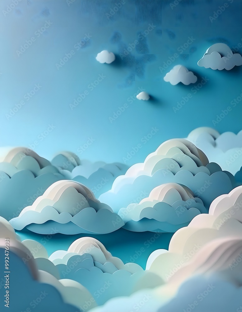 The sky background is filled with pastel fluffy clouds in a paper layer format. The sky background is filled with pastel fluffy clouds in a paper layer format.