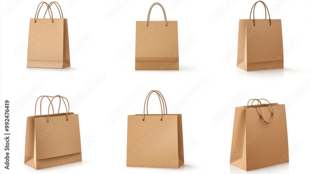 A set of brown paper shopping bags with simple, modern designs, isolated on white A set of brown paper shopping bags with simple, modern designs, isolated on white