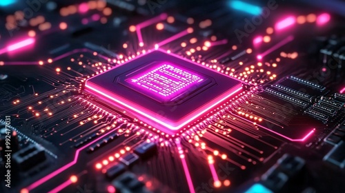 a microchip glows in neon pink, and the surrounding circuits are lit up