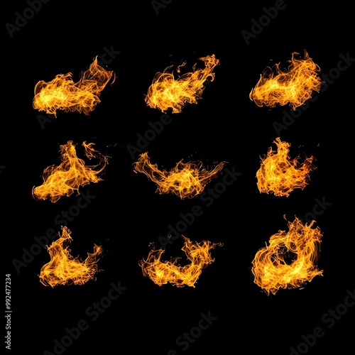 Collection of vibrant flame images displaying various fire patterns on a black background, perfect for dynamic designs.