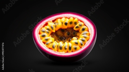 Passion Fruit Close-Up: A vibrant, juicy passion fruit, halved and revealing its captivating interior with a symphony of black seeds nestled amidst a golden, pulpy heart. photo