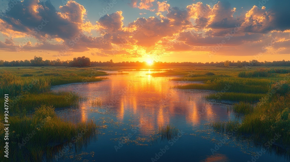 Serene sunset over a tranquil river surrounded by lush greenery. Serene sunset over a tranquil river surrounded by lush greenery.