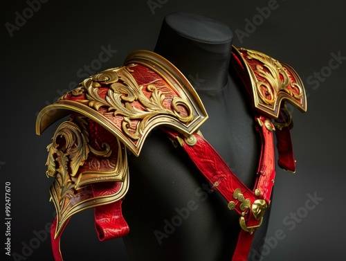 Ornate golden and red shoulder armor with intricate designs and leather straps.