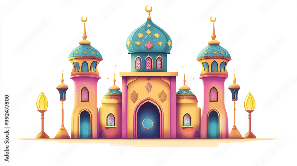 A colorful cartoon illustration of a mosque with three domes and two minarets. A colorful cartoon illustration of a mosque with three domes and two minarets.